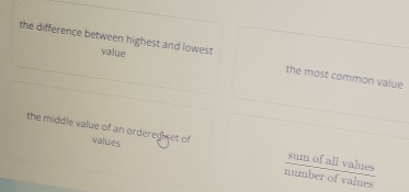 the difference between highest and lowest value the most common value
the middle value of an orderegiet of values sum of all values
number of values