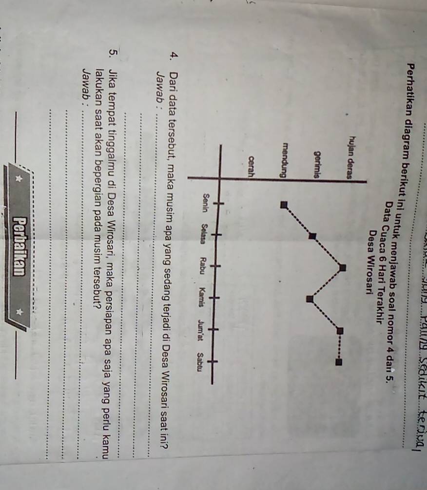 Perhatikan diagram berikut ini untuk menjawab soal nomor 4 dan 5. 
Data Cu 
4. Dari data tersebut, maka musim apa yang sedang terjadi di Desa Wirosari saat ini? 
Jawab :_ 
_ 
_ 
5. Jika tempat tinggalmu di Desa Wirosari, maka persiapan apa saja yang perlu kamu 
lakukan saat akan bepergian pada musim tersebut? 
Jawab :_ 
_ 
_ 
★ Perbaikan *_