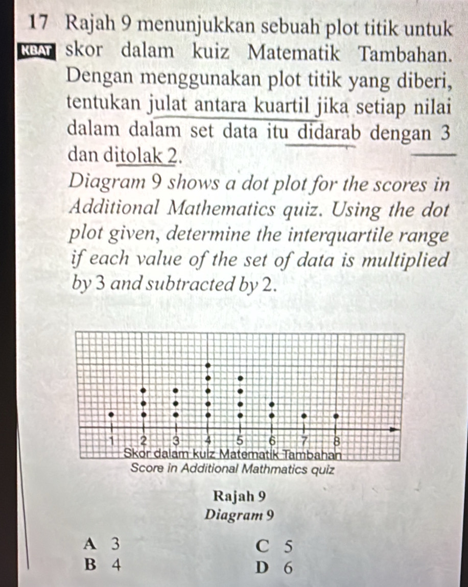 Rajah 9 menunjukkan sebuah plot titik untuk
ow skor dalam kuiz Matematik Tambahan.
Dengan menggunakan plot titik yang diberi,
tentukan julat antara kuartil jika setiap nilai
dalam dalam set data itu didarab dengan 3
dan ditolak 2.
Diagram 9 shows a dot plot for the scores in
Additional Mathematics quiz. Using the dot
plot given, determine the interquartile range
if each value of the set of data is multiplied
by 3 and subtracted by 2.
Rajah 9
Diagram 9
A 3 C 5
B 4 D 6