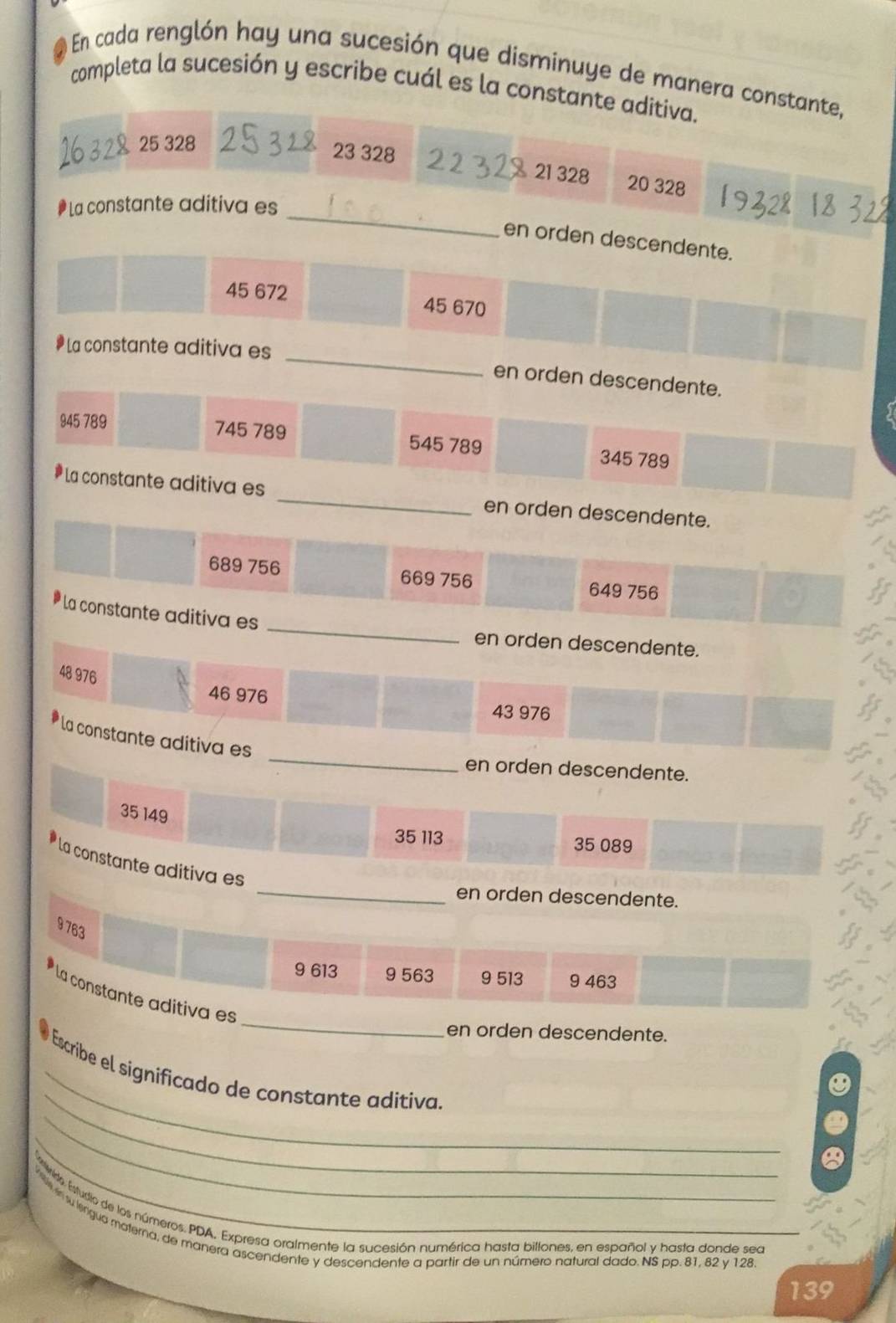 En cada renglón hay una sucesión que disminuye de manera constante,
completa la sucesión y escribe cuál es la constante aditiva.
25 328
23 328 21 328 20 328
_
# La constante aditiva es
en orden descendente.
45 672 45 670
# La constante aditiva es _en orden descendente.
945 789 745 789 545 789 345 789
# La constante aditiva es _en orden descendente.
689 756 669 756 649 756
_
la constante aditiva es
en orden descendente.
48 976
46 976 43 976
_
* la constante aditiva es
en orden descendente.
35 149
35 113 35 089
_
la constante aditiva es
en orden descendente.
9 763
9 613 9 563 9 513 9 463
_
* La constante aditiva es
en orden descendente.
_
_
_# Escribe el significado de constante aditiva.
_
Miie: Estudio de los números. PDA, Expresa oralmente la sucesión numérica hasta billones, en español y hasta donde sea
su lengua materna, de manera ascendente y descendente a partir de un número natural dado. NS pp. 81, 82 y 128.
139