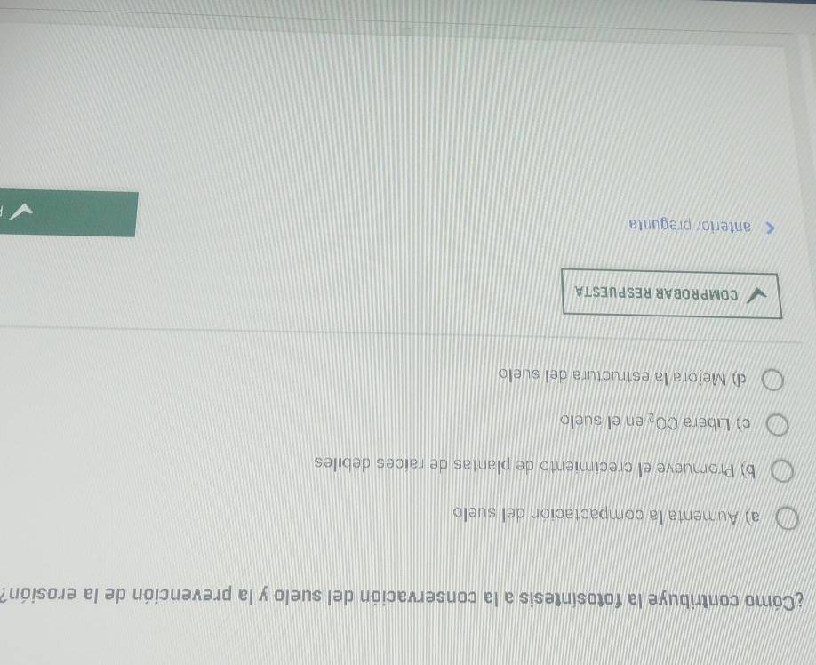 ¿Cómo contribuye la fotosintesis a la conservación del suelo y la prevención de la erosión?
a) Aumenta la compactación del suelo
b) Promueve el crecimiento de plantas de raices débiles
c) Libera CO_2 en el suelo
d) Mejora la estructura del suelo
COMPROBAR RESPUESTA
anterior pregunta