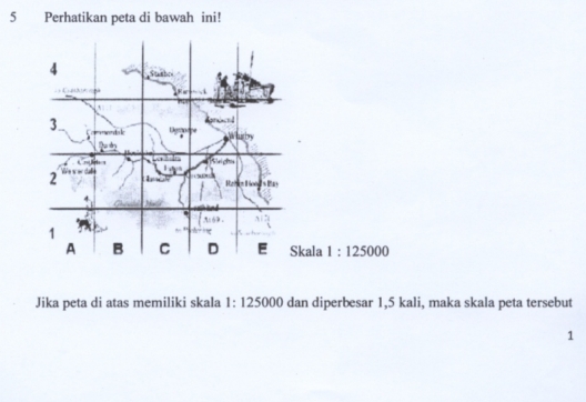 Perhatikan peta di bawah ini! 
ala 1:125000
Jika peta di atas memiliki skala 1:125000 dan diperbesar 1, 5 kali, maka skala peta tersebut 
1