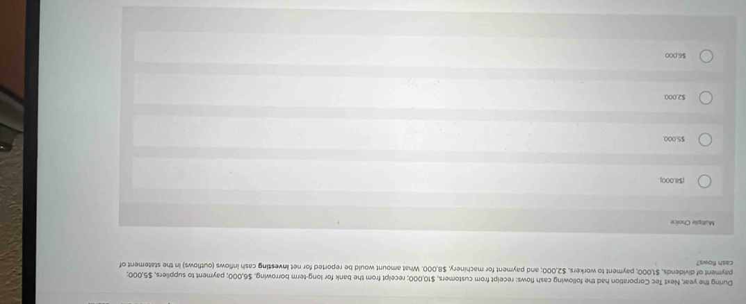 During the year, Next Tec Corporation had the following cash flows: receipt from customers, $10,000; receipt from the bank for long-term borrowing, $6,000; payment to suppliers, $5,000;
payment of dividends, $1,000; payment to workers, $2,000; and payment for machinery, $8,000. What amount would be reported for net Investing cash inflows (outflows) in the statement of
cash flows?
Multiple Chaice
($8,000).
$5,000.
$2,000
$6,000