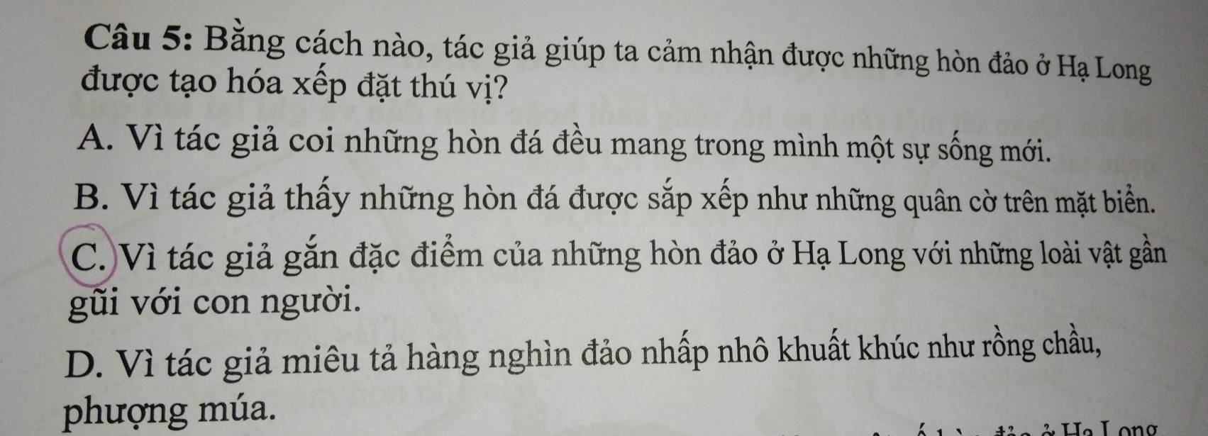 Bằng cách nào, tác giả giúp ta cảm nhận được những hòn đảo ở Hạ Long
được tạo hóa xếp đặt thú vị?
A. Vì tác giả coi những hòn đá đều mang trong mình một sự sống mới.
B. Vì tác giả thấy những hòn đá được sắp xếp như những quân cờ trên mặt biển.
C.)Vì tác giả gắn đặc điểm của những hòn đảo ở Hạ Long với những loài vật gần
gũi với con người.
D. Vì tác giả miêu tả hàng nghìn đảo nhấp nhô khuất khúc như rồng chầu,
phượng múa.
L o n