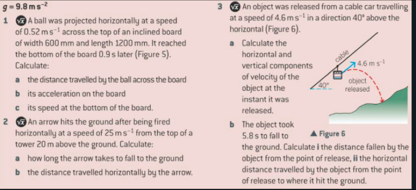 g=9.8ms^(-2) 3  An object was released from a cable car travelling
1 M A ball was projected horizontally at a speed at a speed of 4.6ms^(-1) in a direction 40° above the
of 0.52ms^(-1) across the top of an inclined board horizontal (Figure 6).
of width 600 mm and length 1200 mm. It reached a Calculate the
the bottom of the board 0.9 s later (Figure 5). horizontal and
Calculate: vertical componen
a  the distance travelled by the ball across the board of velocity of the 
b its acceleration on the board object at the 
instant it was
c£its speed at the bottom of the board. released.
2  An arrow hits the ground after being fired b The object took
horizontally at a speed of 25ms^(-1) from the top of a 5.8 s to fall to Figure 6
tower 20 m above the ground. Calculate: the ground. Calculate i the distance fallen by the
a how long the arrow takes to fall to the ground object from the point of release, ii the horizontal
b the distance travelled horizontally by the arrow. distance travelled by the object from the point
of release to where it hit the ground.