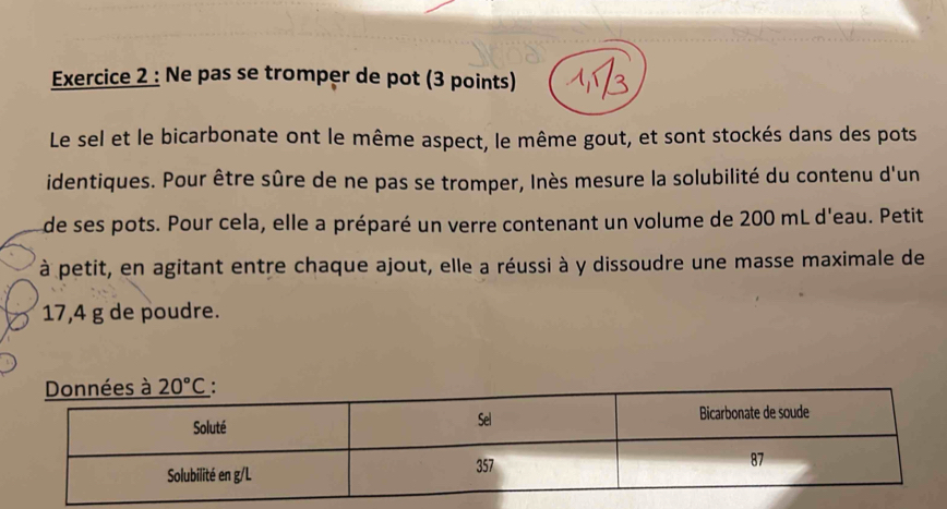 Ne pas se tromper de pot (3 points)
Le sel et le bicarbonate ont le même aspect, le même gout, et sont stockés dans des pots
identiques. Pour être sûre de ne pas se tromper, Inès mesure la solubilité du contenu d'un
de ses pots. Pour cela, elle a préparé un verre contenant un volume de 200 mL d'eau. Petit
à petit, en agitant entre chaque ajout, elle a réussi à y dissoudre une masse maximale de
17,4 g de poudre.