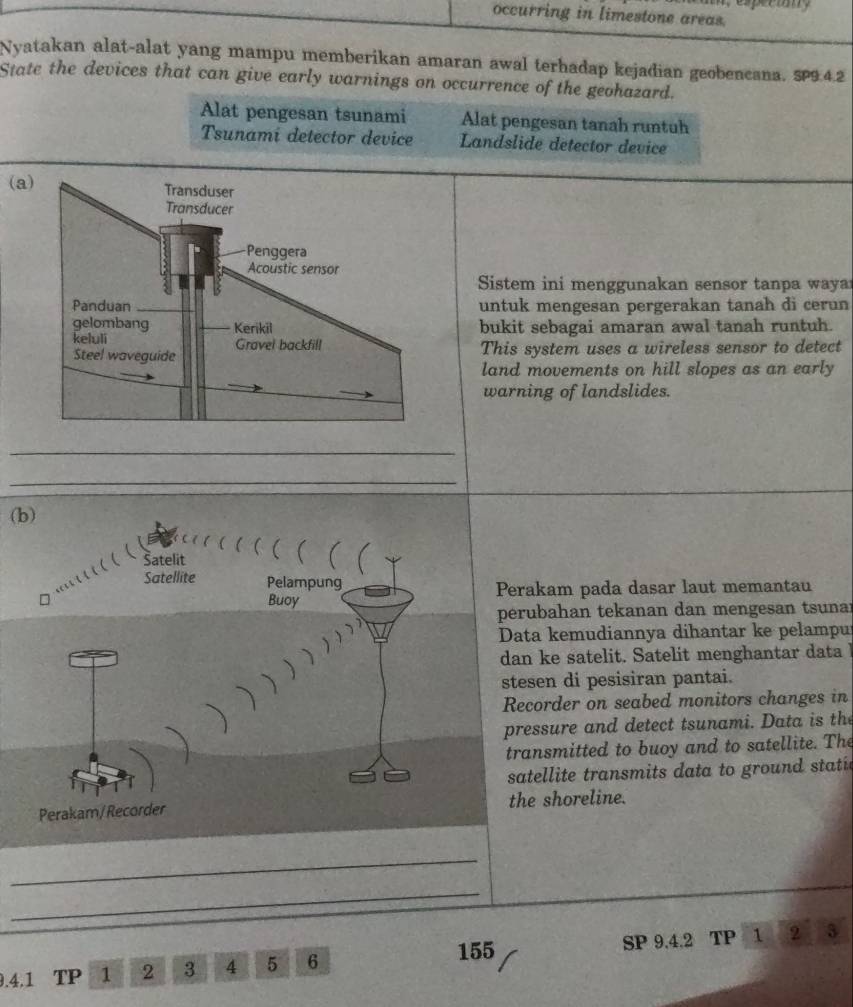 occurring in limestone areas. 
Nyatakan alat-alat yang mampu memberikan amaran awal terhadap kejadian geobencana. SP9.4.2 
State the devices that can give early warnings on occurrence of the geohazard. 
Alat pengesan tsunami Alat pengesan tanah runtuh 
Tsunami detector device Landslide detector device 
(a 
Sistem ini menggunakan sensor tanpa waya 
untuk mengesan pergerakan tanah di cerun 
bukit sebagai amaran awal tanah runtuh. 
This system uses a wireless sensor to detect 
land movements on hill slopes as an early 
warning of landslides. 
_ 
_ 
(b) 
( ( ( ( ( ( ( 
' ( ( Šatelit 
Satellite Pelampung 
Perakam pada dasar laut memantau 
Buoy 
perubahan tekanan dan mengesan tsuna 
) ) ) ) , , , 
Data kemudiannya dihantar ke pelampu 
dan ke satelit. Satelit menghantar data I 
stesen di pesisiran pantai. 
Recorder on seabed monitors changes in 
pressure and detect tsunami. Data is the 
transmitted to buoy and to satellite. The 
satellite transmits data to ground statie 
Perakam/Recorder the shoreline. 
_ 
_
155 SP 9.4.2
9.4.1 TP 1 2 3 4 5 6 TP 1 2 3