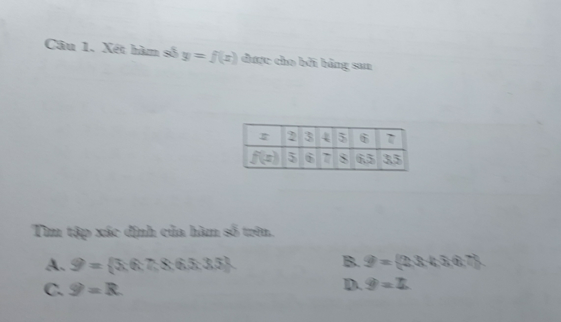 Xét hàm số y=f(x) được cho bởi bảng san
Tìm tập xác định của hàm số trên.
A. g= 5,6,7,8,6,5,3,5 B. 9=(23+307)
C. 9=R
D. varPhi =T