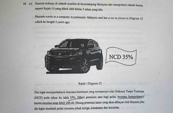 15 (α) Hussain bekerja di sebuah syarikat di Semenanjung Malaysia dan mempunyai sebuah kereta 
seperti Rajah 15 yang dibeli oleh beliau 5 tahun yang lalu. 
Hussain works in a company in peninsular Malaysia and has a car as shown in Diagram 15
which he bought 5 years ago. 
Rajah / Diagram 15 
Dia ingin memperbaharui insurans keretanya yang mempunyai nilai Diskaun Tanpa Tuntutan 
(NCD) pada tahun itu ialah 35%. Diberi premium asas bagi polisi insurans komprehensif 
kereta tersebut ialah RM2 200.40. Hitung premium kasar yang akan dibayar olch Hussain jika 
dia ingin membeli polisi insurans pihak ketiga, kebakaran dan kecurian.