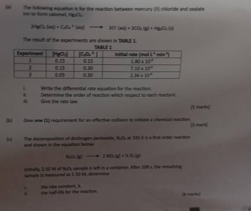 (#) The following equation is for the reaction between mercury (II) chloride and oxalate
ion to form calomel, Hg_2O_2
2HgCl_2(aq)+C_2O_4^((2-)(aq)to 2Cl(aq)+2CO_2)(g)+Hg_2O_2(s)
The result of the experiments are shown in TABLE 1.
Write the differential rate equation for the reaction.
Determine the order of reaction which respect to each reactant.
Give the rate law.
[5 marks]
(b) Give one (1) requirement for an effective collision to initiate a chemical reaction.
[1 mark]
(c) The decomposition of dinitragen pentoxide, N_2O_5 at 335 K is a first order reaction
and shown in the equation below.
N_2O_5(g)to 2NO_2(g)+N_2O_2(g)
Initially, 2.50 M of N_2O_5 sample is left in a container. After 109 s, the remaining
sample is measured as 1.50 M, determine
L the rate constant, k.
i the half-life for the reaction.
(4 marks)