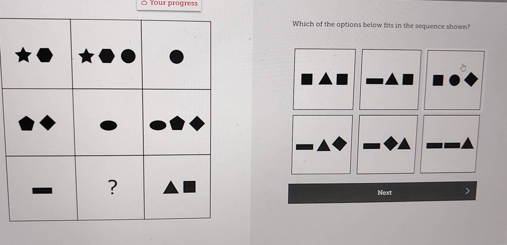 Your progress 
Which of the options below fits in the sequence shown? 
Next