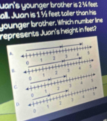 uan's younger brother is 2 ¾ feet
all. Juan is 1 ½ feet taller than his
younger brother. Which number line
represents Juan's height in feet?
A
0
1
1 2 3 4 5
B.
0
4 5
C.
D