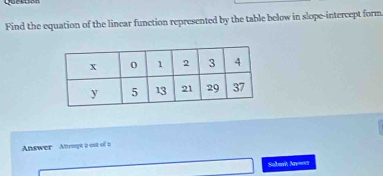 Question 
Find the equation of the linear function represented by the table below in slope-intercept form 
Answer Attrmpt 2 out of 2 
Sabanit Answer