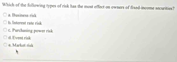 Which of the following types of risk has the most effect on owners of fixed-income securities?
a. Business risk
b. Interest rate risk
c. Purchasing power risk
d. Event risk
e. Market risk