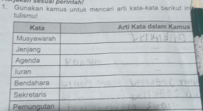 jakan sesuai perintah! 
1. Gunakan kamus untuk mencari arti kata-kata berikut ini 
tulismu! 
Pemungutan