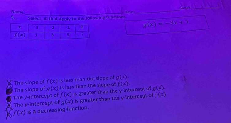 Block
_
Name: _Date:
_
5. Select all that apply to the following functions.
g(x)=-3x+1. The slope of f(x) is less than the slope of g(x).
The slope of g(x) Is less than the slope of f(x).
The y-intercept of f(x) is greater than the y-intercept of g(x).
d. The y-intercept of g(x) is greater than the y-intercept of f(x).
f(x) is a decreasing function.