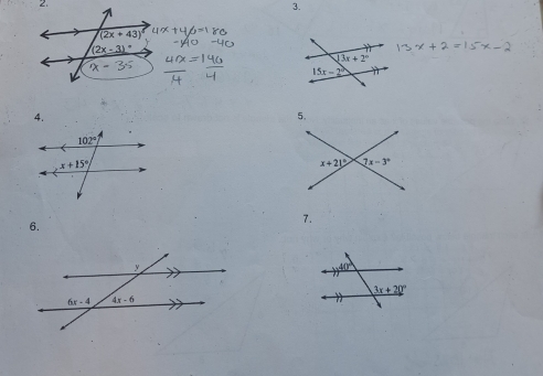 (2x+43)
(2x-3)^circ 
4.
5,
7.
6.
40°
3x+20°