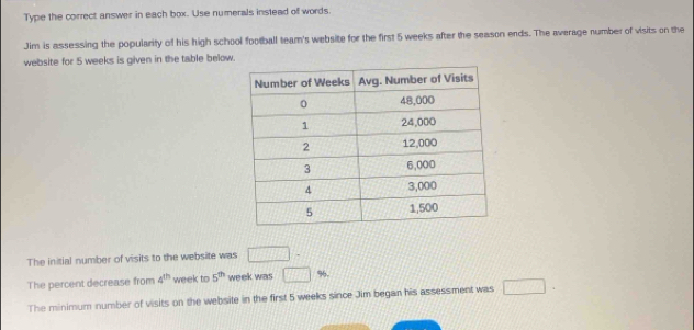 Type the correct answer in each box. Use numerals instead of words. 
Jim is assessing the popularity of his high school football team's website for the first 5 weeks after the season ends. The average number of visits on the 
website for 5 weeks is given in the table below. 
The initial number of visits to the website was □ -
The percent decrease from 4^(th) week to 5^(th) week was □ %. 
The minimum number of visits on the website in the first 5 weeks since Jim began his assessment was □.