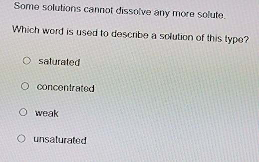 Solved: Some solutions cannot dissolve any more solute. Which word is ...