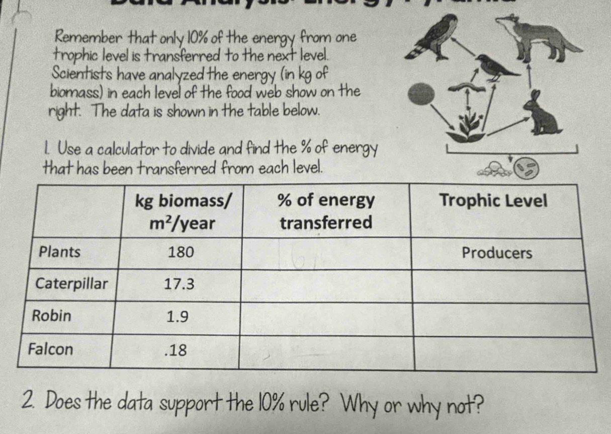 Remember that only 10% of the energy from one
trophic level is transferred to the next level.
Scientists have analyzed the energy (in kg of
biomass) in each level of the food web show on the
right. The data is shown in the table below.
1. Use a calculator to divide and find the % of energy
that has been transferred from each level.
2. Does the data support the 10% rule? Why or why not?