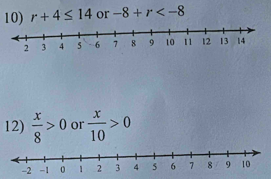 r+4≤ 14 or -8+r
12)  x/8 >0 or  x/10 >0