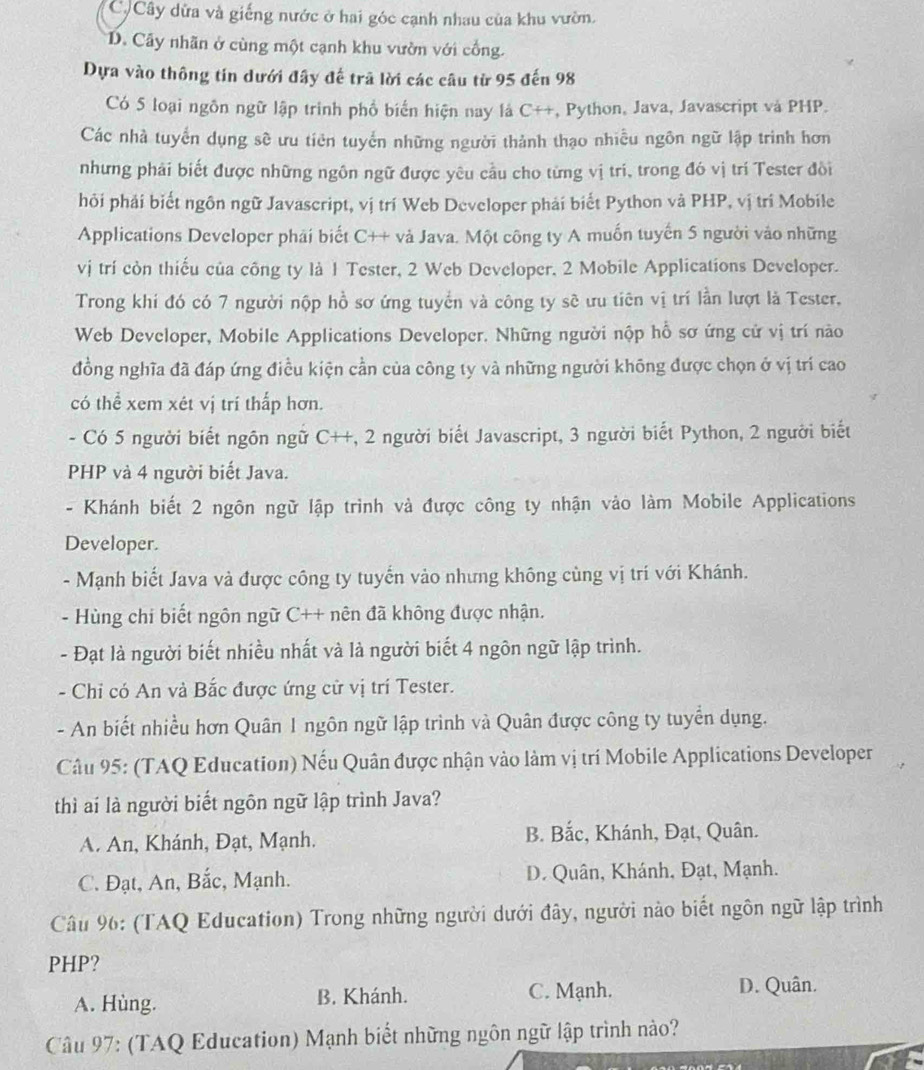 C)Cây dừa và giếng nước ở hai góc cạnh nhau của khu vườn.
D. Cây nhãn ở cùng một cạnh khu vườn với cổng.
Dựa vào thông tín dưới đây đế trã lời các câu từ 95 đến 98
Có 5 loại ngôn ngữ lập trinh phổ biển hiện nay là C++, Python, Java, Javascript và PHP.
Các nhà tuyển dụng sẽ ưu tiên tuyển những người thành thạo nhiễu ngôn ngữ lập trình hơn
nhưng phải biết được những ngôn ngữ được yêu cầu cho từng vị tri, trong đó vị trí Tester đồi
hỏi phải biết ngôn ngữ Javascript, vị trí Web Developer phải biết Python và PHP, vị tri Mobile
Applications Developer phái biết C++ và Java. Một công ty A muốn tuyến 5 người vào những
vị trí còn thiếu của công ty là 1 Tester, 2 Web Developer, 2 Mobile Applications Developer.
Trong khi đó có 7 người nộp hồ sơ ứng tuyển và công ty sẽ ưu tiên vị trí lần lượt là Tester,
Web Developer, Mobile Applications Developer. Những người nộp hỗ sơ ứng cử vị trí nào
đồng nghĩa đã đáp ứng điều kiện cần của công ty và những người không được chọn ở vị trí cao
có thể xem xét vị trí thấp hơn.
- Có 5 người biết ngôn ngữ C++, 2 người biết Javascript, 3 người biết Python, 2 người biết
PHP và 4 người biết Java.
- Khánh biết 2 ngôn ngữ lập trình và được công ty nhận vào làm Mobile Applications
Developer.
- Mạnh biết Java và được công ty tuyến vào nhưng không cùng vị trí với Khánh.
- Hùng chi biết ngôn ngữ C++ nên đã không được nhận.
- Đạt là người biết nhiều nhất và là người biết 4 ngôn ngữ lập trình.
- Chi có An và Bắc được ứng cử vị trí Tester.
- An biết nhiều hơn Quân 1 ngôn ngữ lập trình và Quân được công ty tuyển dụng.
Câu 95: (TAQ Education) Nếu Quân được nhận vào làm vị trí Mobile Applications Developer
thì ai là người biết ngôn ngữ lập trình Java?
A. An, Khánh, Đạt, Mạnh. B. Bắc, Khánh, Đạt, Quân.
C. Đạt, An, Bắc, Mạnh. D. Quân, Khánh, Đạt, Mạnh.
Câu 96: (TAQ Education) Trong những người dưới đây, người nào biết ngôn ngữ lập trình
PHP?
A. Hùng. B. Khánh. C. Mạnh. D. Quân.
Câu 97: (TAQ Education) Mạnh biết những ngôn ngữ lập trình nào?