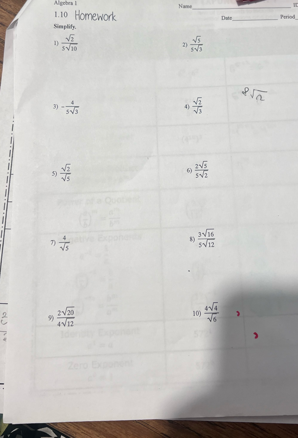 Algebra 1 Name_
ID
1.10 Period
Date_