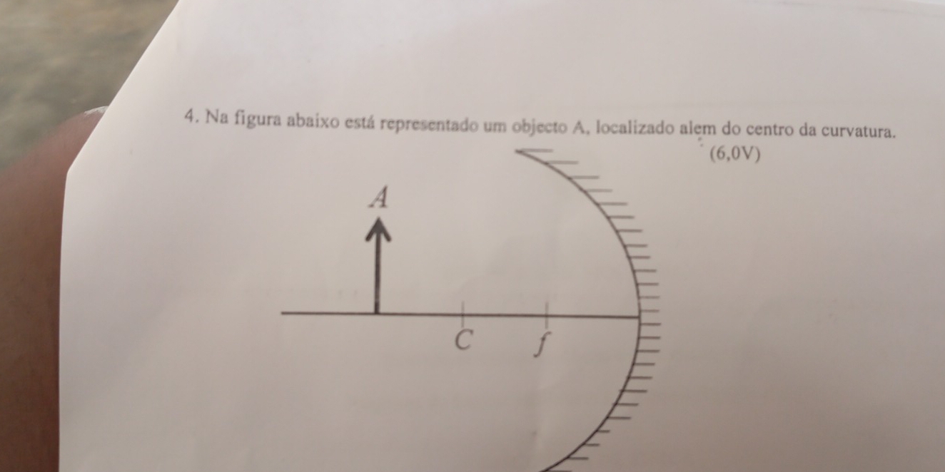 Na figura abaixo está representado um objecto A, localizado alem do centro da curvatura. 
(6,0V)