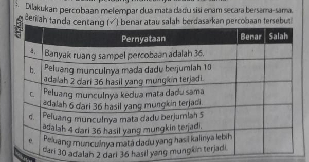 Dilakukan percobaan melempar dua mata dadu sisi enam secara bersama-sama. 
Berilah ta 
h 2 dari 36