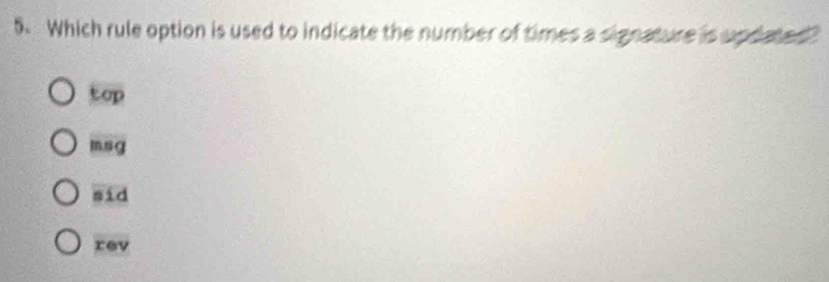 Which rule option is used to indicate the number of times a signature is updated?
top
msg
sid
rev