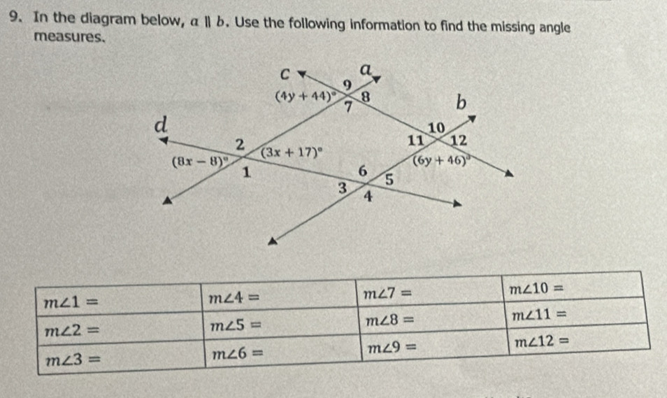 In the diagram below, a||b. Use the following information to find the missing angle
measures.
m∠ 1=
m∠ 4=
m∠ 7=
m∠ 10=
m∠ 11=
m∠ 2=
m∠ 5=
m∠ 8=
m∠ 9=
m∠ 12=
m∠ 3=
m∠ 6=