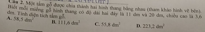 Cầu 2. Một tấm gỗ được chia thành hai hình thang bằng nhau (tham khảo hình vẽ bên).
Biết mỗi miếng gỗ hình thang có độ dài hai đáy là 11 dm và 20 dm, chiều cao là 3,6
dm. Tính diện tích tấm g0.
A. 58,5dm^2 B. 111,6dm^2 C. 55,8dm^2 D. 223,2dm^2