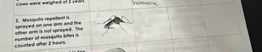 cows were weighed at 2 years. 
2. Mosquito repellent is 
sprayed on one arm and the 
other arm is not sprayed. The 
number of mosquito bites is 
counted after 2 hours.