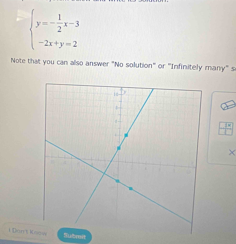 beginarrayl y=- 1/2 x-3 -2x+y=2endarray.
Note that you can also answer "No solution" or "Infinitely many" s 
× 
i Don't KSubroit