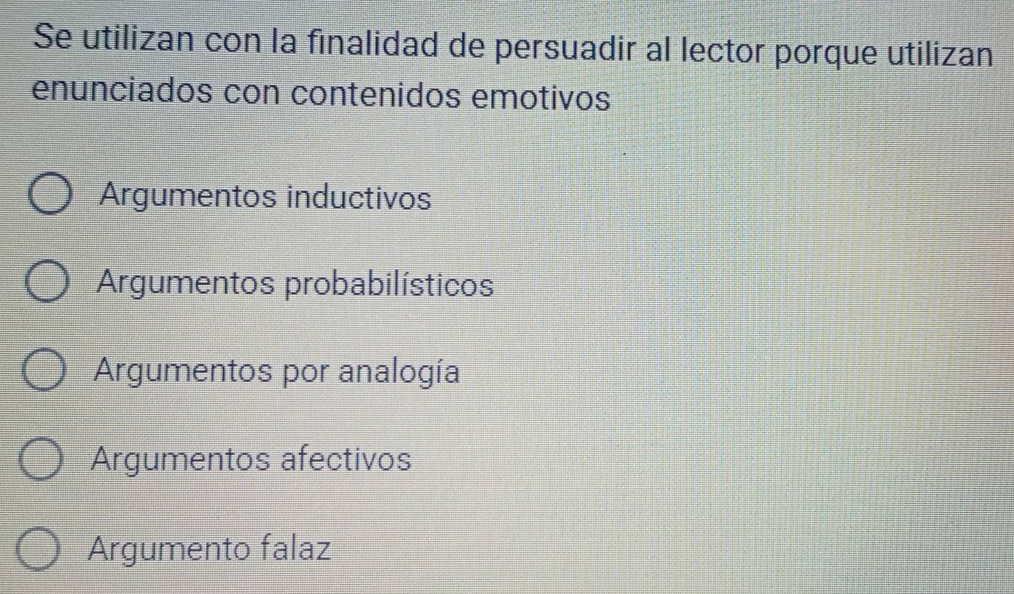 Se utilizan con la finalidad de persuadir al lector porque utilizan
enunciados con contenidos emotivos
Argumentos inductivos
Argumentos probabilísticos
Argumentos por analogía
Argumentos afectivos
Argumento falaz