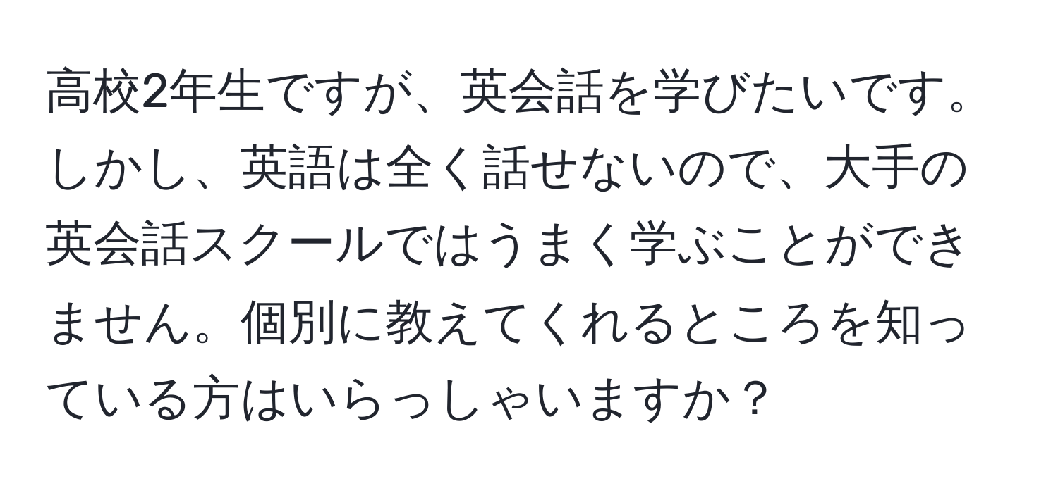 高校2年生ですが、英会話を学びたいです。しかし、英語は全く話せないので、大手の英会話スクールではうまく学ぶことができません。個別に教えてくれるところを知っている方はいらっしゃいますか？