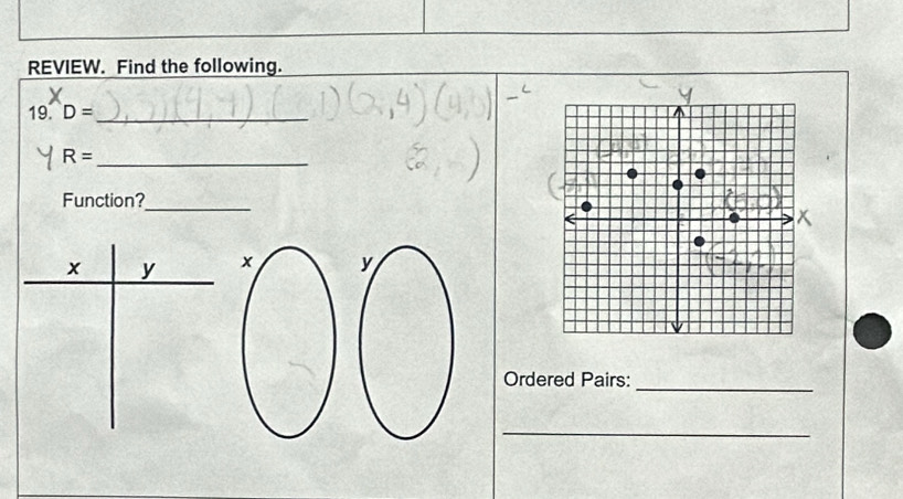 REVIEW. Find the following. 
19 D= _
R= _ 
Function?_
x y
Ordered Pairs: 
_ 
_