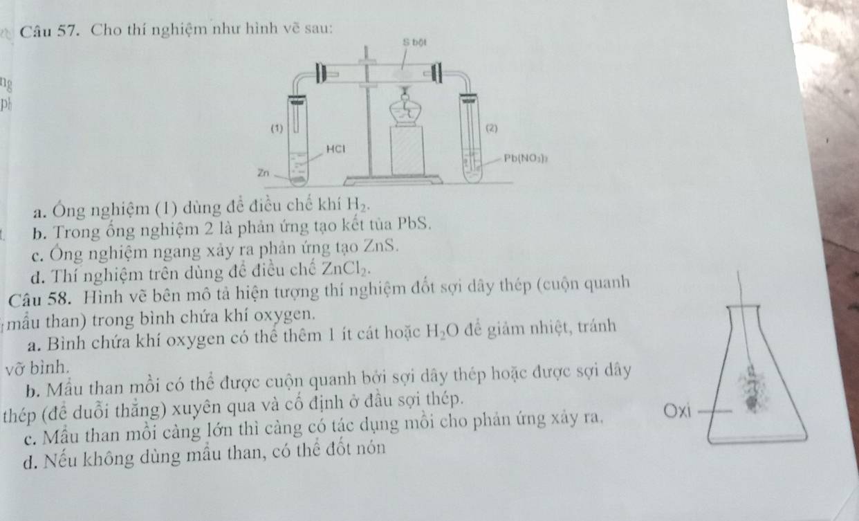 Cho thí nghiệm như hình vẽ sau:
No
a. Ông nghiệm (1) dùng đề điều chế khí H_2.
b. Trong ổng nghiệm 2 là phản ứng tạo kết tủa PbS.
c. Ông nghiệm ngang xảy ra phản ứng tạo ZnS.
d. Thí nghiệm trên dùng đề điều chế ZnCl_2. 
Câu 58. Hình vẽ bên mô tả hiện tượng thí nghiệm đốt sợi dây thép (cuộn quanh
( mẫu than) trong bình chứa khí oxygen.
a. Bình chứa khí oxygen có thể thêm 1 ít cát hoặc H_2O để giảm nhiệt, tránh
vỡ bình.
b. Mẫu than mồi có thể được cuộn quanh bởi sợi dây thép hoặc được sợi dây
thép (đề duổi thắng) xuyên qua và cố định ở đầu sợi thép. Oxi
c. Mẫu than mồi càng lớn thì càng có tác dụng mỗi cho phản ứng xảy ra,
d. Nếu không dùng mẫu than, có thể đốt nón