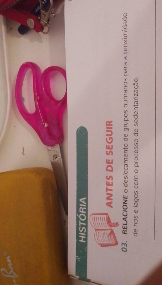 Ban 
HISTÓRIA 
ANTES DE SEGUIR 
03. RELACIONE o deslocamento de grupos humanos para a proximidade 
de rios e lagos com o processo de sedentarização. 
_