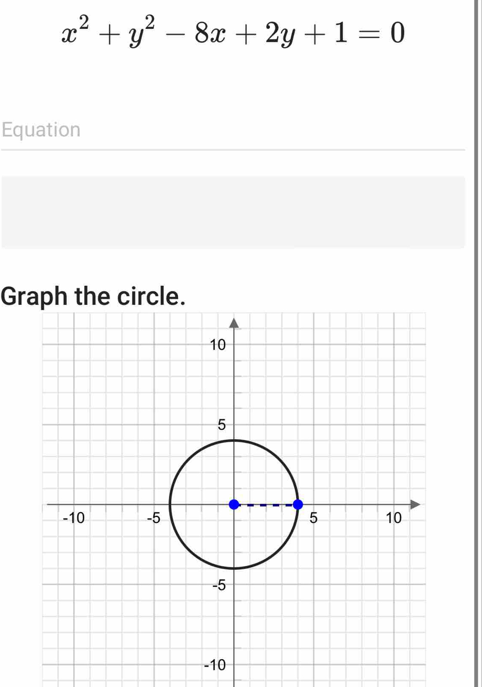 x^2+y^2-8x+2y+1=0
Equation 
Grph the circle.