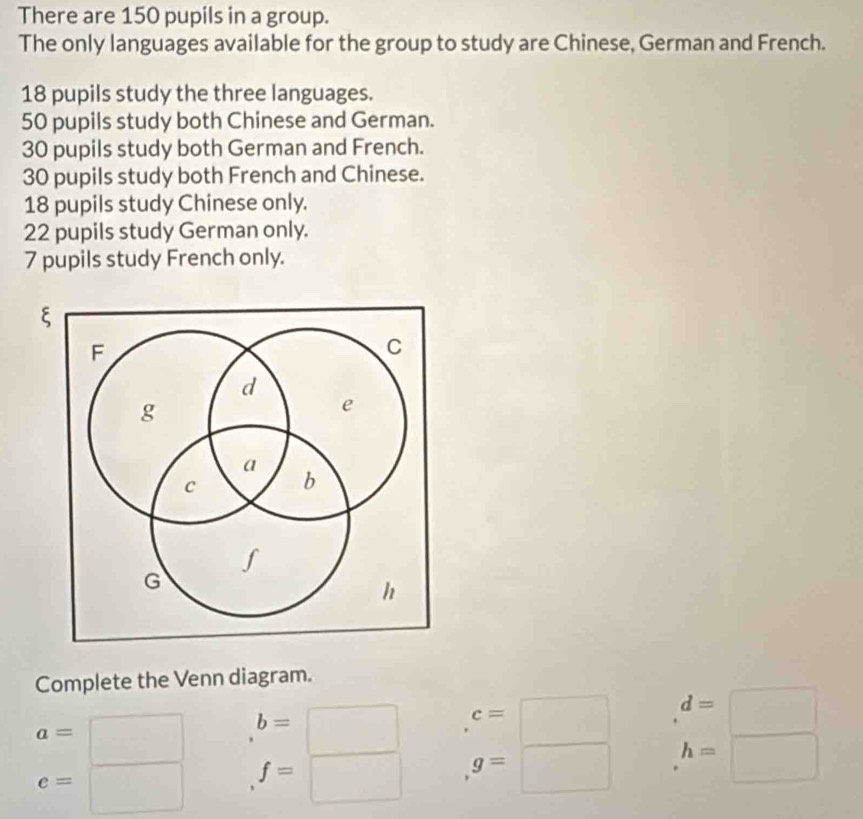 There are 150 pupils in a group. 
The only languages available for the group to study are Chinese, German and French.
18 pupils study the three languages.
50 pupils study both Chinese and German.
30 pupils study both German and French.
30 pupils study both French and Chinese.
18 pupils study Chinese only.
22 pupils study German only.
7 pupils study French only. 
Complete the Venn diagram.
a=
e= □  .beginarrayr b=□  ,f=□  endarray. beginarrayr c=□  ,g=□  endarray beginarrayr d=□  , h=□  endarray
□ 