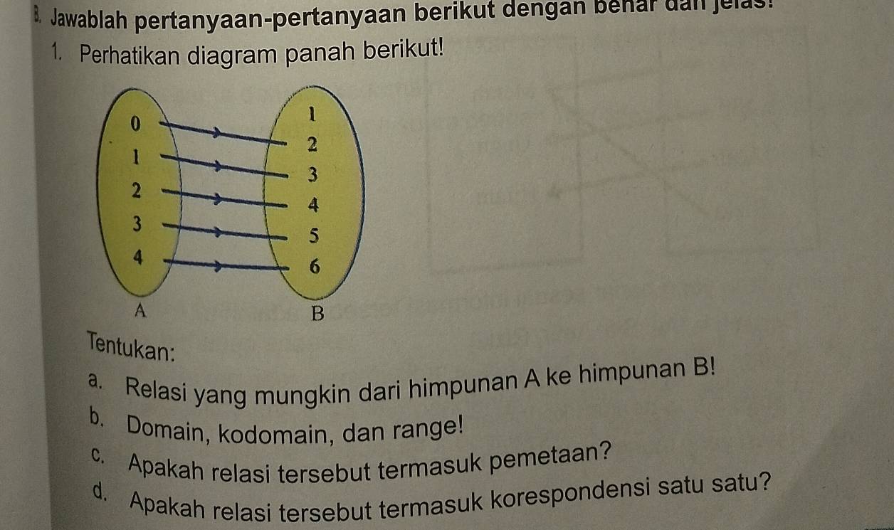 Jawablah pertanyaan-pertanyaan berikut dengan benar dan jelas: 
1. Perhatikan diagram panah berikut! 
Tentukan: 
a. Relasi yang mungkin dari himpunan A ke himpunan B! 
b. Domain, kodomain, dan range! 
c. Apakah relasi tersebut termasuk pemetaan? 
d. Apakah relasi tersebut termasuk korespondensi satu satu?