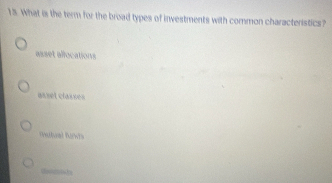 What is the term for the broad types of investments with common characteristics?
asset allocations
assét classes
mutual funds
divnda