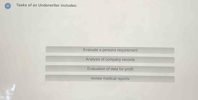 Tasks of an Underwriter includes:
Evaluate a persons requirement
Analysis of company records
Evaluation of data for profit
review medical reports