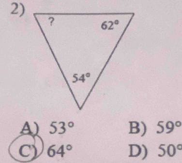 A) 53° B) 59°
C) 64° D) 50°