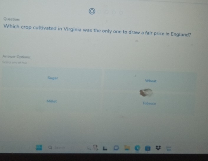 Which crop cultivated in Virginia was the only one to draw a fair price in England?
Answer Options:
Sciect one of four
Sugar Wheat
Millet Tobacco