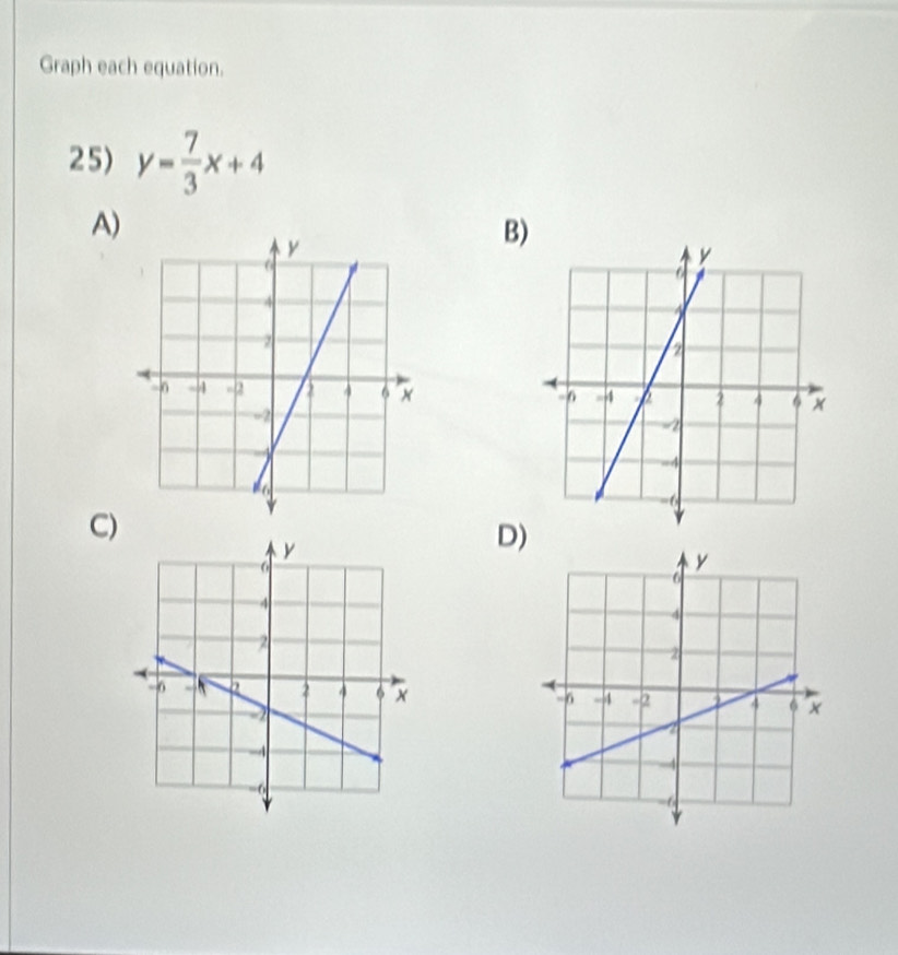 Graph each equation. 
25) y= 7/3 x+4
A) 
B 

C) 
D)