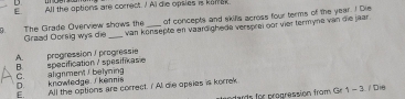 All the options are correct. / Al die opsies is kurrek.
of concepts and skifls across four terms of the year. I Die
The Grade Overview shows the Graad Oorsig wys die van könsepte en vaardighede versprei oor vier termyne van die jaar
A. progressión /progressie
B
C. specification / spesifikas e
D. knowledge ∫ kennis alignment/ belyning
E. All the options are correct. I Al die opsies is korrek
endards for progression from Gr 1 - 3. / D