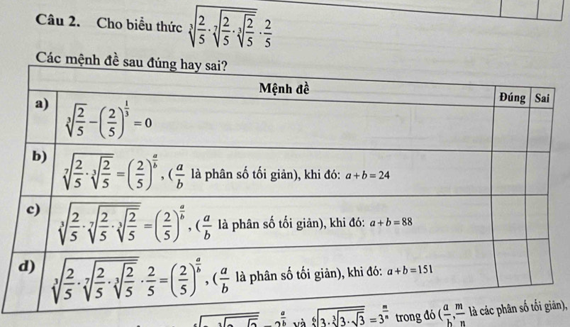 Cho biều thức sqrt[3](frac 2)5· sqrt[7](frac 2)5· sqrt[3](frac 2)5·  2/5 
2x và sqrt[6](3· sqrt [3]3· sqrt 3)=3^(frac m)n trong đó ( a/b , m/n  n),