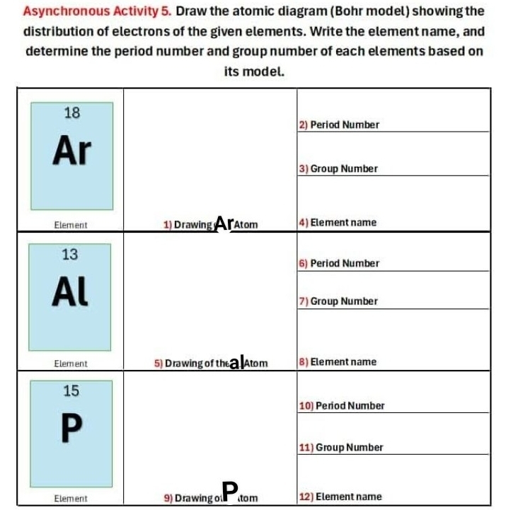 Solved: Asynchronous Activity 5. Draw the atomic diagram (Bohr model ...